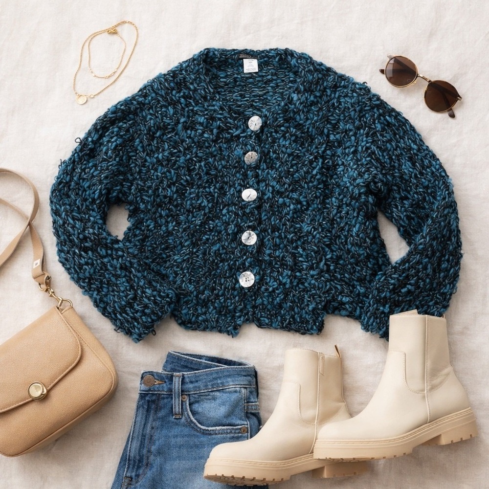 Sweater Girl A People United Teal Blue Hand Knit Chunky Cardigan Sweater Small
